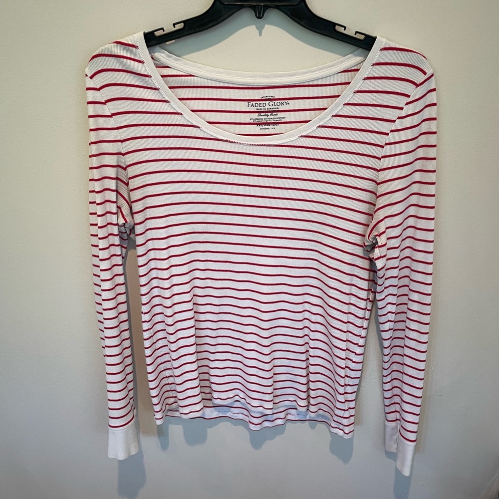 Faded Glory Women's Long Sleeve Red and White Striped Tee